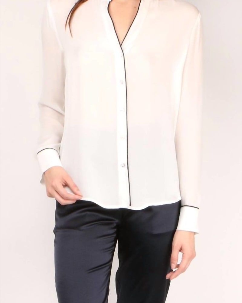 Front of a model wearing a size L Tegan Blouse in Ivory in Ivory by L'Agence. | dia_product_style_image_id:340303